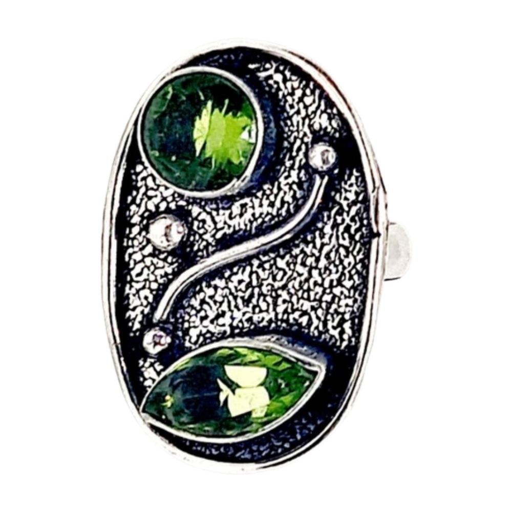 Sterling Silver Natural Peridot Oval & Marquise Statement Ring Size 7 NWOT